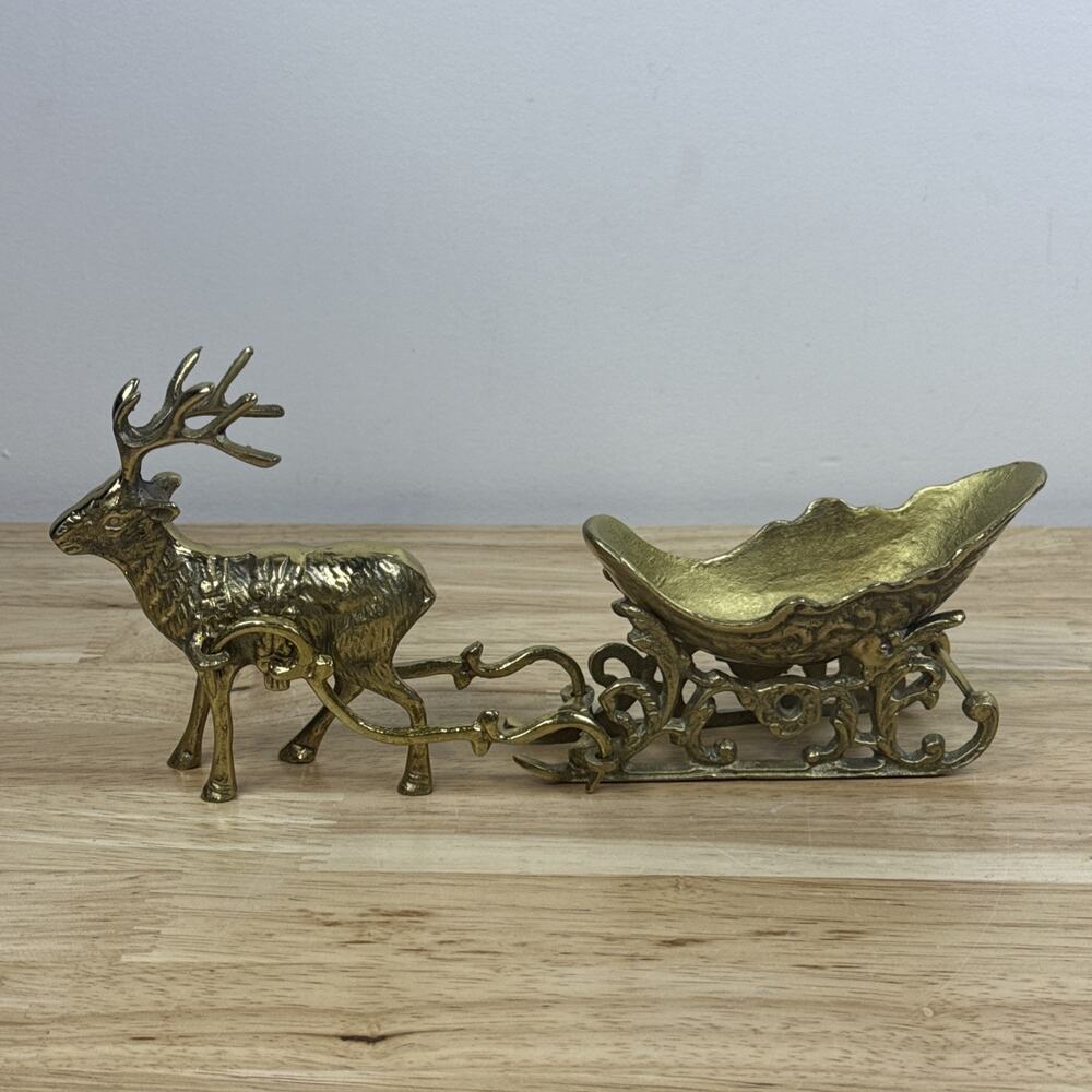 Vintage Brass 4 Piece Christmas Reindeer and Sleigh 10.25” Long